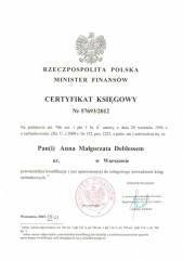 ANTERISA sp. z o.o. Biuro Rachunkowe Warszawa Wesoła Certyfikat MF