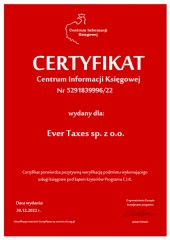 Ever Taxes sp. z o.o. Biuro Rachunkowe Online Certyfikat 1