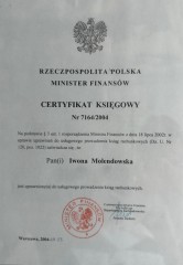 Biuro Consultingowo Rachunkowe BCR Iwona Molendowska Certyfikat Księgowy