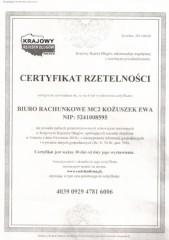 Certyfikat Rzetelności - Biuro Rachunkowe MC2 Ewa Kożuszek