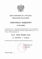 EGEMI Biuro Rachunkowe Wola - Certyfikat Edyta Monika Gryn