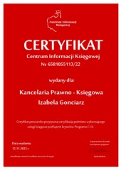 Certyfikat Kancelaria Prawno - Księgowa Izabela Gonciarz