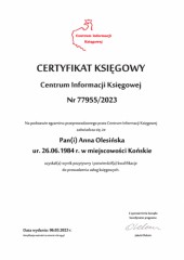 Certyfikat Kancelaria Prawno - Księgowa Izabela Gonciarz
